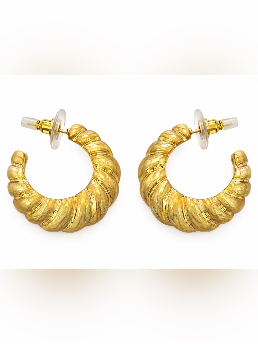 Vintage Gold Tone Croissant Hoop Earrings Chunky Ribbed Statement